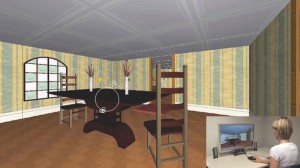 Eine der virtuellen Computerwelten, in denen Versuchspersonen Knöpfe an den Wänden (hier gelb und grün) suchen und drücken sollen. Ihre Blicke werden dabei über Eye-Tracking aufgefangen. Eine Forscherin (Dr. Maria Staudte, kleines Foto) beobachtet den Versuch an einem zweiten Bildschirm, auf dem die Blickbewegungen sichtbar werden (Kreise im Bild - auf dem Bildschirm des Probanden sind diese nicht zu sehen). Grafik: Prof. Matthew Crocker Eine der virtuellen Computerwelten, in denen Versuchspersonen Knöpfe an den Wänden (hier gelb und grün) suchen und drücken sollen. Ihre Blicke werden dabei über Eye-Tracking aufgefangen. Eine Forscherin (Dr. Maria Staudte, kleines Foto) beobachtet den Versuch an einem zweiten Bildschirm, auf dem die Blickbewegungen sichtbar werden (Kreise im Bild - auf dem Bildschirm des Probanden sind diese nicht zu sehen). Grafik: Prof. Matthew Crocker