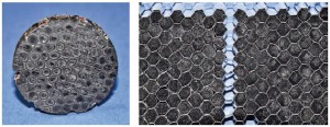 Präparierte Pech-basierte Kohlenstofffasern in Aluminium-Honeycomb und Messprobe aus fertigem Bauteil