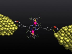 Zwischen zwei Metallelektroden wird das rund zwei Nanometer große Molekül über viele Tage hinweg stabil gehalten. (Bild Christian Grupe/KIT)