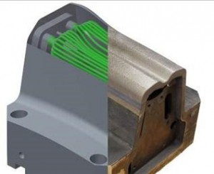 Das Versuchswerkzeug besteht aus dem gefrästen Grundkörper sowie dem generativ aufgebauten Konturbereich mit optimierter Kühlung (grün hervorgehoben). Quelle: © Fraunhofer IWU