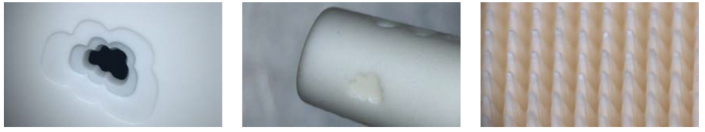 Abbildung 5: Per Laserabtragen hergestellte 3D-Oberflächen in Aluminiumoxid: Links: Treppenstufen im Wolkendesign; Mitte: Lasergravur in Keramikdüse, Rechts: Kegelstrukturen eines Werkzeuges