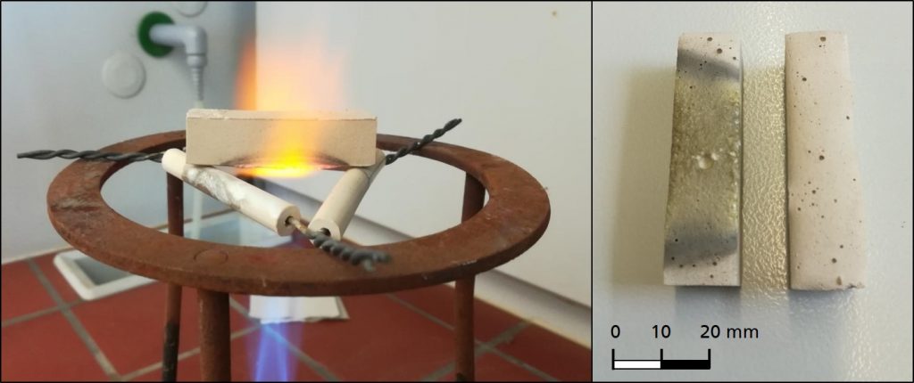 Abbildung 2: Nachweis der thermischen Stabilität des anorganischen Matrixsystems unter Einsatz eines Bunsenbrenners (links), Vergleich eines thermisch beanspruchten und eines nicht beanspruchten Probekörpers (rechts)