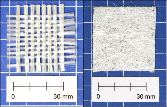 Abbildung 4: Offenmaschiges AR-Glas-Gewebe (links) und E-Glas-Wirrfasermatte (rechts)