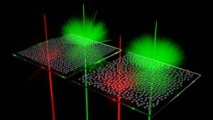 Die Streuzentren – Silizium-Nanopartikel, hier als schwarze Scheiben dargestellt – auf dem transparenten Substrat streuen (einstellbar) bestimmte Farben von Licht; andere Wellenlängen werden nicht beeinflusst. (Grafik: Dennis Arslan, Universität Jena)
