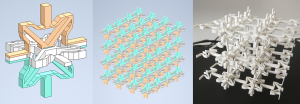 © Fraunhofer IWMLinks: Einheitszelle aus Strukturelementen, Mitte: Aufbau des Materials aus vielen Zellen, Rechts: 3D-gedruckter Demonstrator