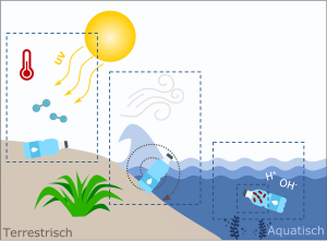 Abbildung 1 – Darstellung dominierender Umwelteinflüsse auf Polymere in natürlichen Habitaten. [2]