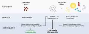Abbildung 2: Zusammenhang zwischen Kon-dition, ablaufendem Prozess und Konsequenz bei der Bildung von Mikroplastik in natürlichen Umgebungen. [3]