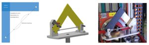 Planung der Probengeometrie (links); Simulation der Konstruktion (Mitte); Einbau der Konstruktion mit Probekörper in die Prüfkammer (rechts).