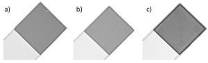 2D-Durchstrahlungsprüfung der Materialkombination a) 6 GF/Alu mit KS1, b) 6 GF/Alu mit KS3 und Drahtgewebe sowie c) ABS/Stahl mit KS3 und Drahtgewebe.