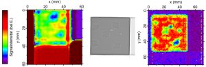 Darstellung der Luftultraschallmessungen der Materialkombination 6 GF/Alu mit KS1 und Drahtgewebe bei verschiedenen Frequenzen (links 200 kHz, rechts 400 kHz) im Vergleich zur 2D-Durchstrahlungsprüfung (Mitte).