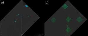 3D-Durchstrahlungsprüfung vor (blau) und nach (grün) dem Verspannen und Altern von a) 6 GF/Alu mit KS1 und b) ABS/Stahl mit KS3 und Drahtgewebe.