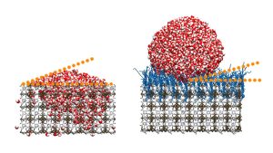 Links: Poröses Substrat mit geringem Wasserkontaktwinkel: Die Oberfläche nimmt viel Flüssigkeit auf. Rechts: Das neue Material weist einen großen Wasserkontaktwinkel auf und ist somit nahezu völlig wasserabweisend. (Foto: KIT)