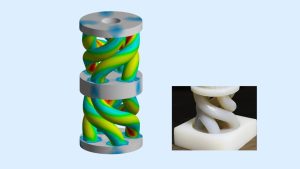 Das Modell zeigt die spiralförmige Verformung des Metamaterials. Dank dieses Mechanismus lässt sich eine große Menge Energie speichern, ohne dass es zu Brüchen kommt. (Abbildungen: IAM, KIT / Collage: Anja Sefrin, KIT)