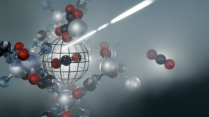 Künstlerische Darstellung des CO2-Einfangs aus einem mit Feuchtigkeit beladenen Gasstrom mittels CALF-20, einem metallorganischen Gerüst auf Zinkbasis.© B. Schröder/HZDR