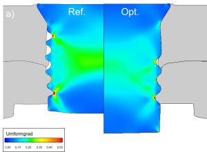 Bild 4: a) Simulierte Fügeverbindungen ausEN AW-7075 + SiC für Referenz- und optimierte
Geometrie